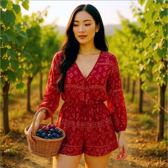 Archaic ✦ Red Paisley Romper ✦ Long Sleeve V-Neck w/ Tie Detail Boho Rebel Style - Picture 11 of 11